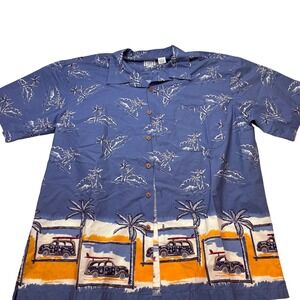Roundtree & Yorke Mens XL Blue Hawaiian Shirt Cotton Woody Surfboard Palm Tree